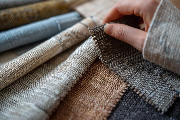 Womans hand sorts out multicolored and different style fabric