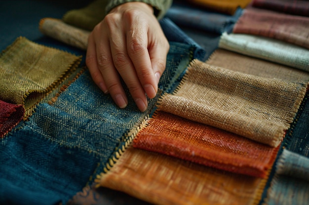 Womans hand sorts out multicolored and different style fabric