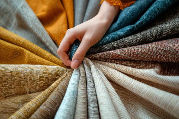 Womans hand sorts out multicolored and different style fabric