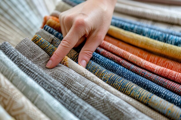 Womans hand sorts out multicolored and different style fabric