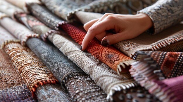 Womans hand sorts out multicolored and differentstyle fabric