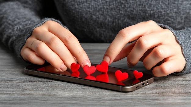 Photo womans hand taps on a phone screen displaying a small heart icon symbolizing online dating connec