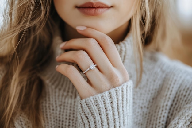 Photo womans hand wearing a sparkling diamond ring elegance luxury of jewelry