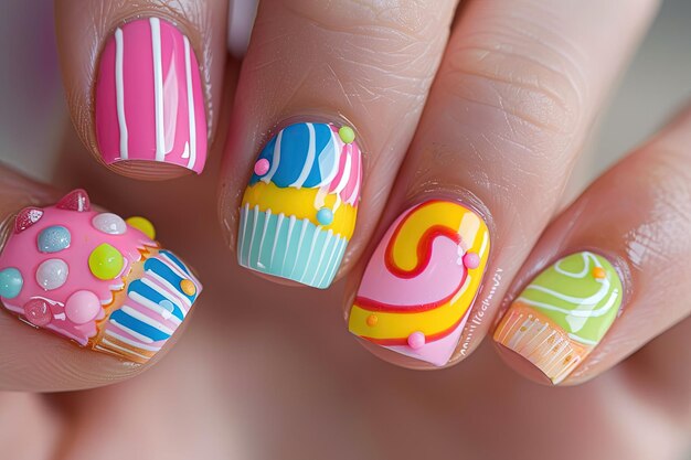 A womans hand with a colorful manicure with cupcakes on it