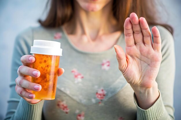 Womans hand with eczema rash holding prescription medication bottle