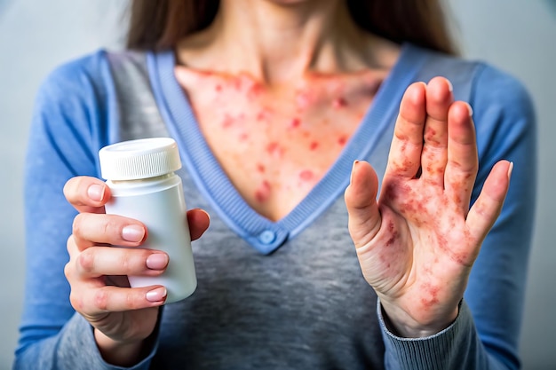 Womans hand with eczema rash holding prescription medication bottle