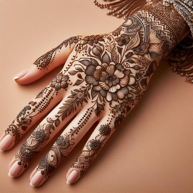 a womans hand with henna tattoo on it