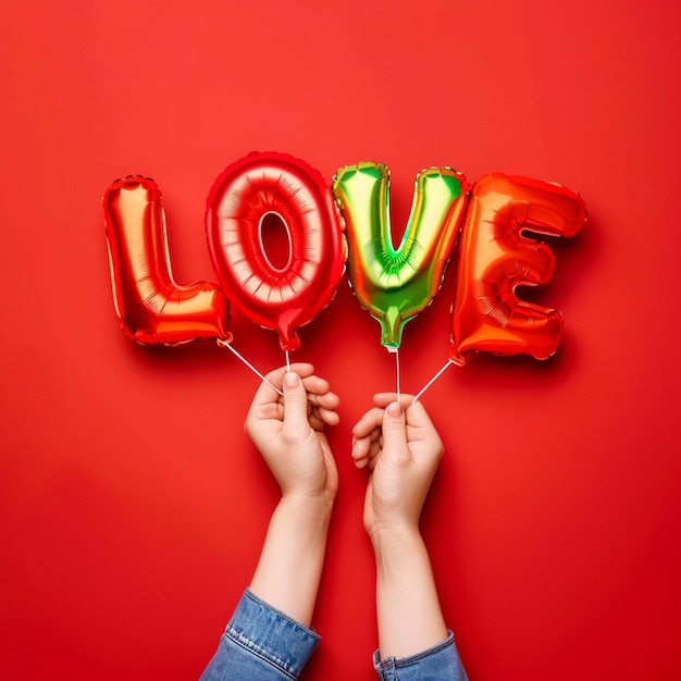 Womans hand with love shaped air balloon