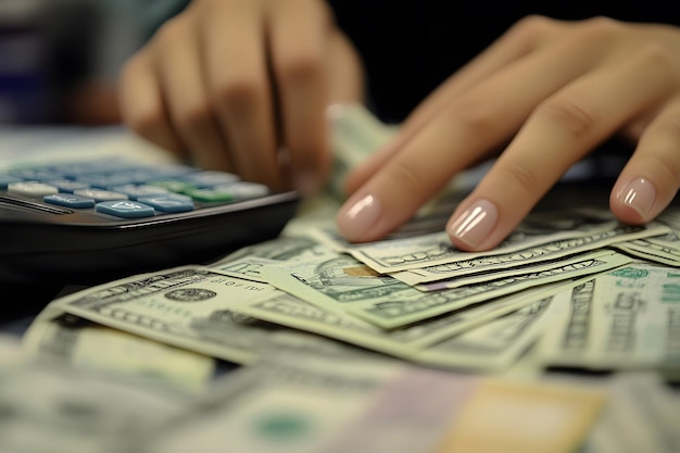 a womans hand with a paintbrush on it and a stack of money