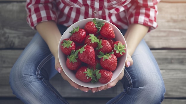 Photo womans hands are holding a bucket with freshly picked strawberries ripe organic strawberries harvest