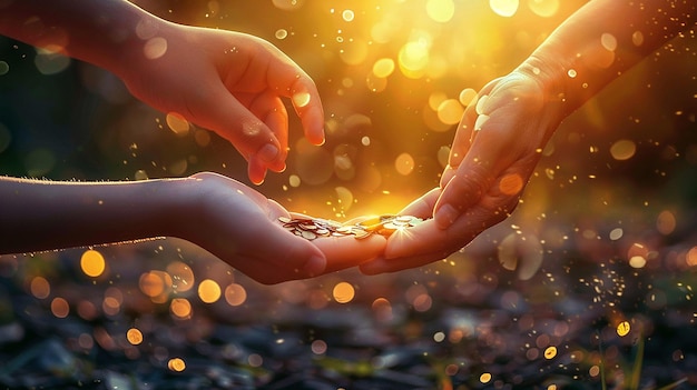 a womans hands are holding coins with the sun shining behind them