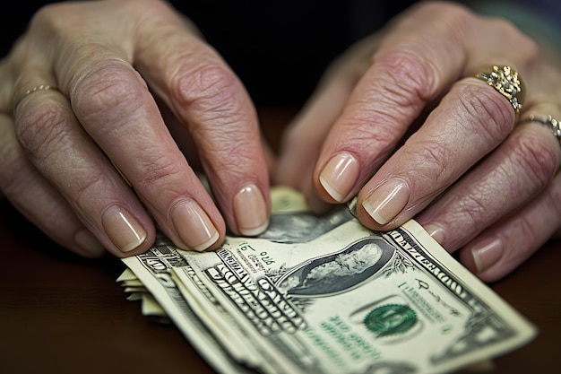 a womans hands are holding a dollar bill that says currency