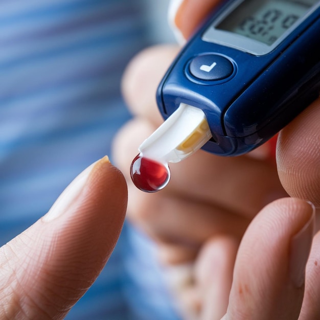 Photo womans hands checking diabetes and hyperglycemia with digital blood sugar meter