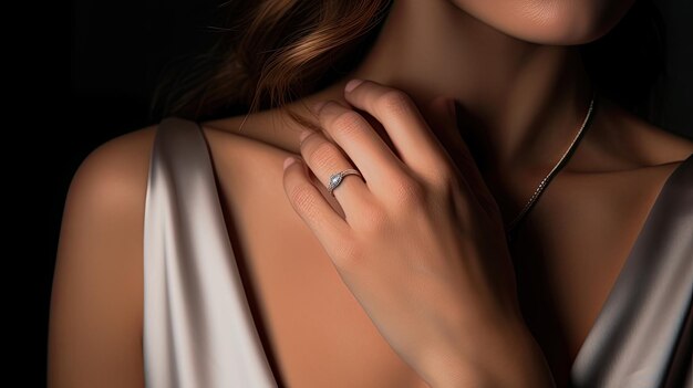 Photo a womans hands in closeup adorned with rings and a necklace to accentuate the elegance of modern accessories creating an elegant lifestyle scene with ample copy space for text and background