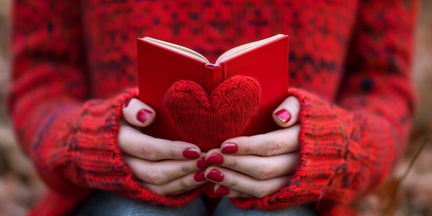 Photo womans hands holding a book with a red heart inside generative ai