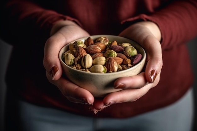 Womans hands holding bowl with nuts Walnut pistachios almonds hazelnuts