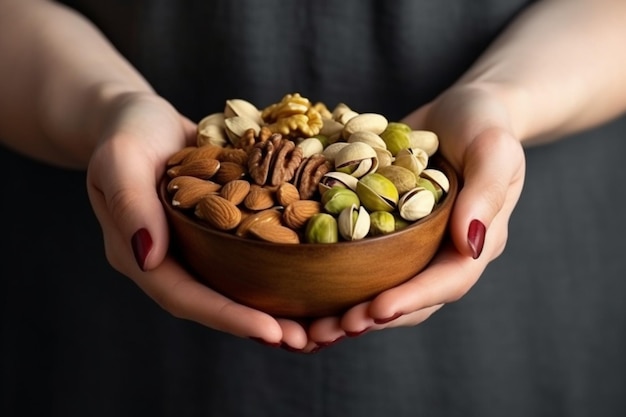 Womans hands holding bowl with nuts Walnut pistachios almonds hazelnuts