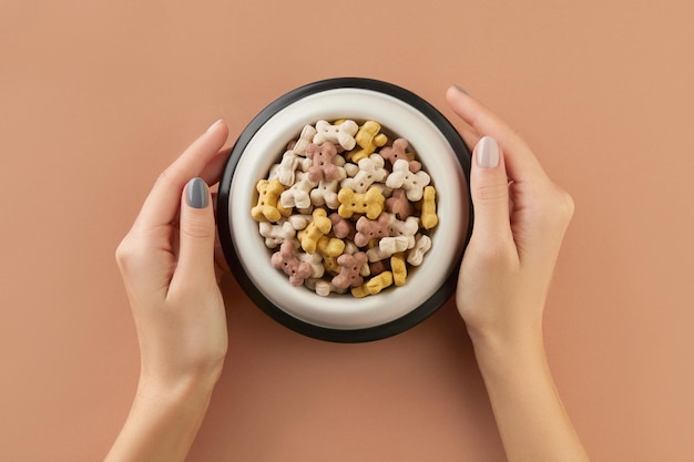 Womans hands holding dry dog food in bowl on brown background Healthy organic nutrition for pets