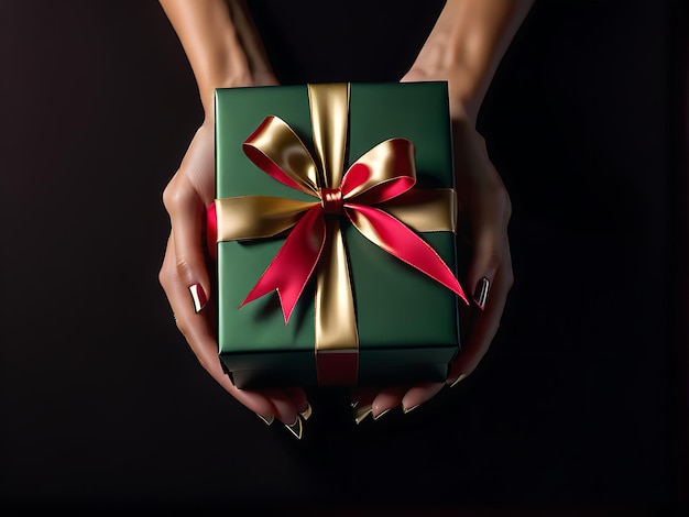 Womans hands holding an elegant gift box with luxurious background