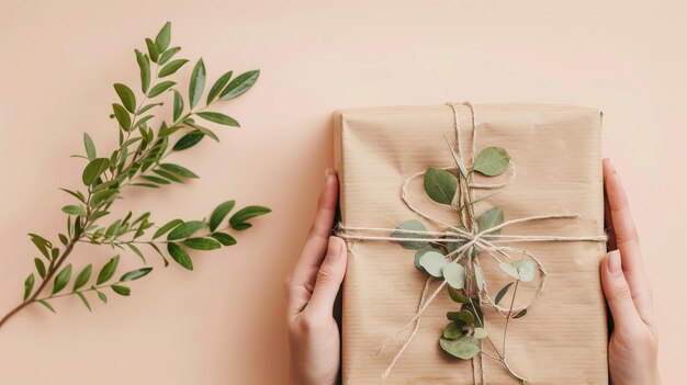 Photo womans hands holding a gift wrapped in kraft paper with twine and green leaves