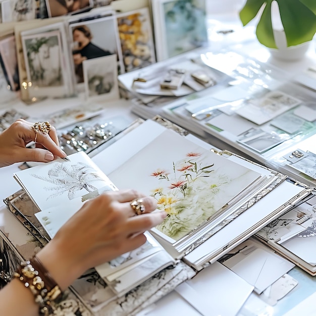 Womans Hands Holding Open Scrapbook with Watercolor Artwork