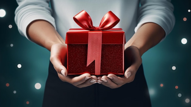 A womans hands holding a red gift box with a white background