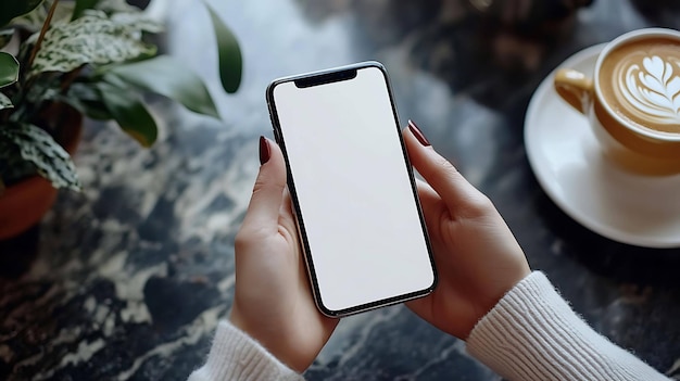 Photo womans hands holding a smartphone with a blank screen