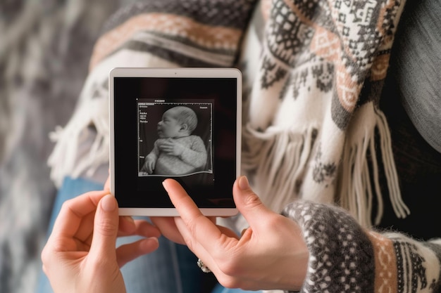 Photo womans hands holding an ultrasound of her baby