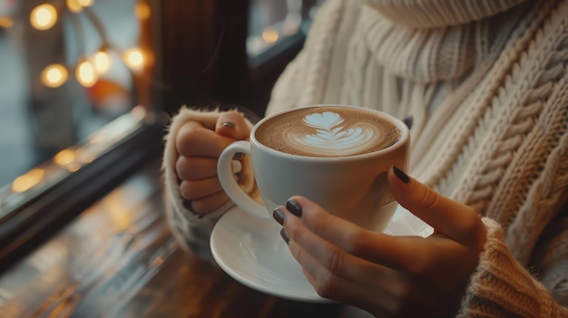 A womans hands holding a warm cup of coffee with latte art in a cafe