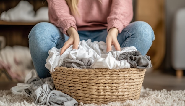 Photo womans hands and a laundry basket