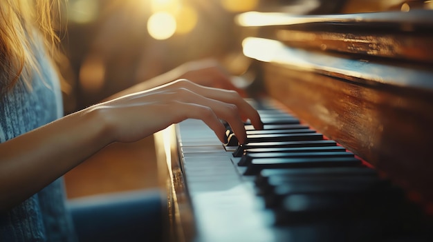 Womans hands playing a piano with a warm sunny background