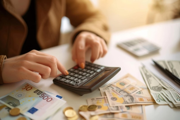 Photo womans hands using calculator planning home budget closeup of womans hands using calculator for p