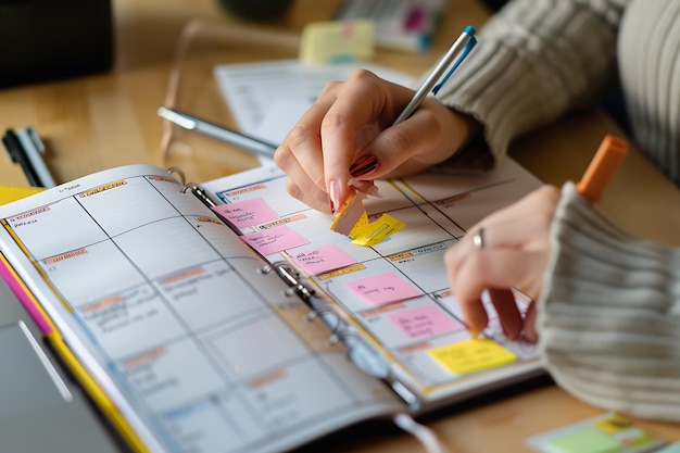 Photo womans hands using sticky notes and a pen in a planner