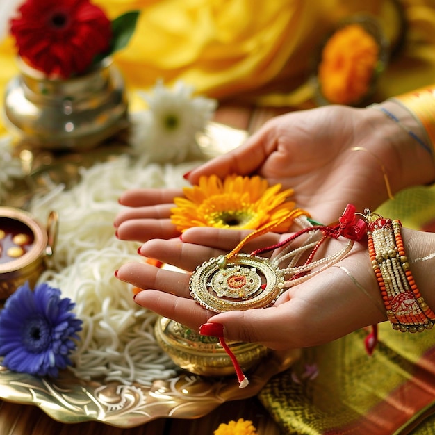 a womans hands with flowers and a bell on it