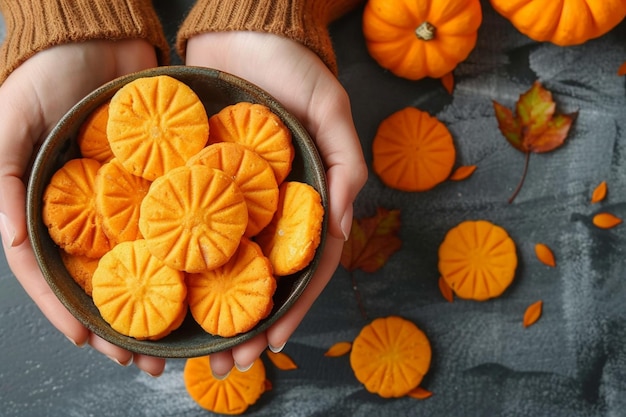 Womans hands with pumpkin biscuits