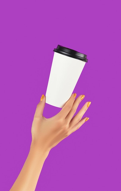 Womans hands with trendy orange manicure holding paper cup on purple background