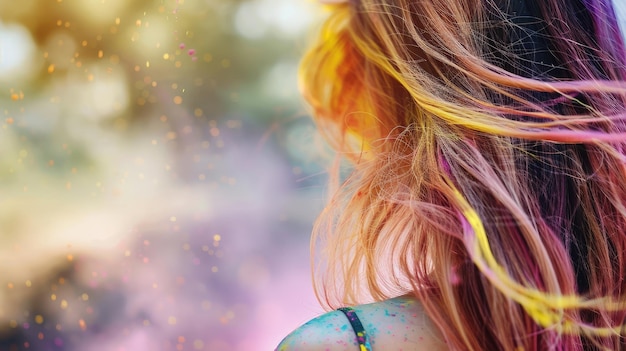 A womans head and hair at the Holi festival in India in bright colors