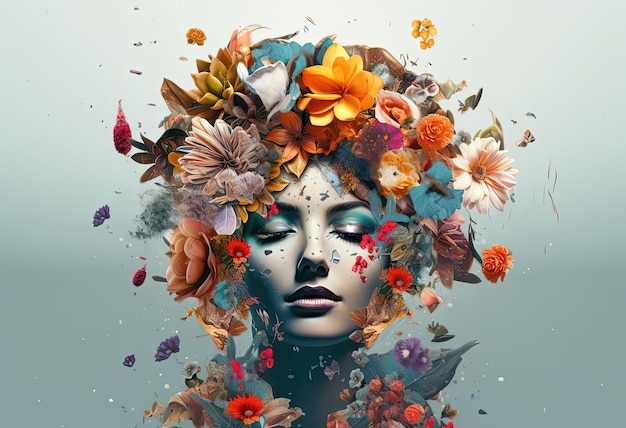 womans head is covered with flowers in the style of natureinspired shapes