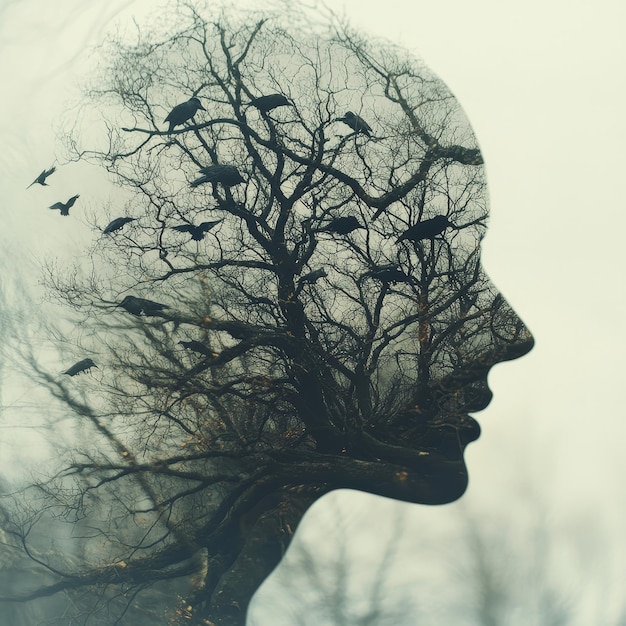 Photo a womans head with a tree in the background