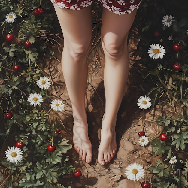 Photo a womans legs are standing in the sand with daisies on them