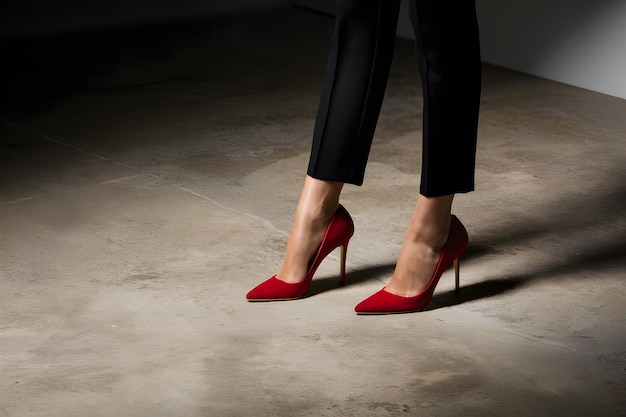 Womans legs in black trousers red heels on concrete floor