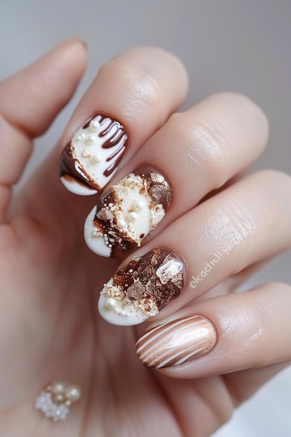 a womans nails with a gold and white design