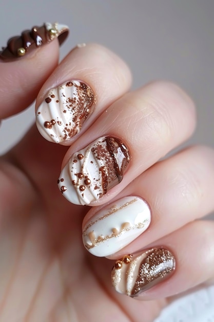 a womans nails with gold and white nails