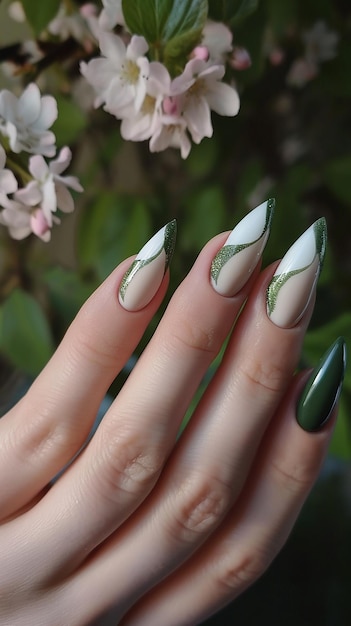 a womans nails with a green and white design