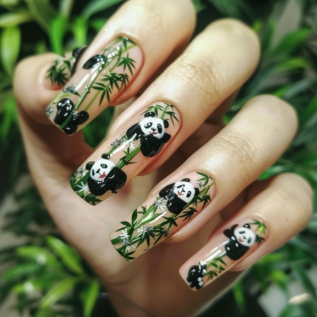 Photo a womans nails with pandas on them and a panda bear on the top