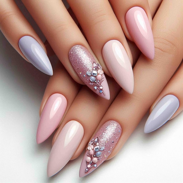 a womans nails with a pink and silver color scheme