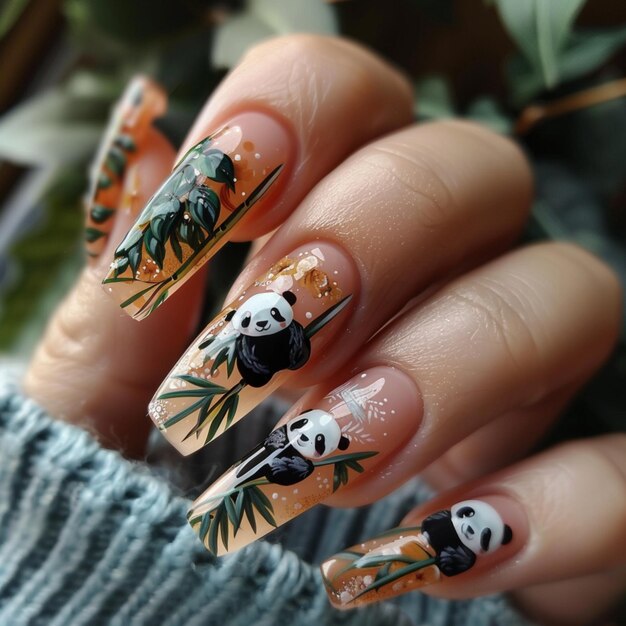 Photo a womans nails with a skull and leaves painted on them