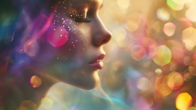 A womans profile her face adorned with delicate rainbowcolored crystals giving the impression of a