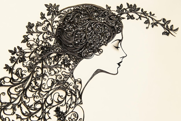 Womans Profile Silhouette with Floral Detailing in Black and White