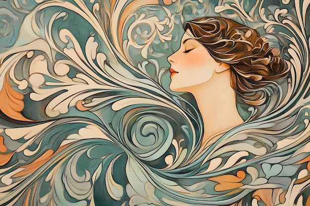 A Womans Profile Surrounded by Abstract Floral Swirls Art Nouveau Style